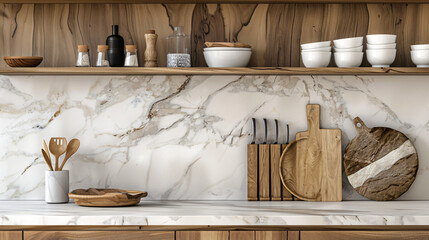 Scandinavian Simplicity: Nordic Kitchen with Minimalist Wooden Utensils on Marble Countertop