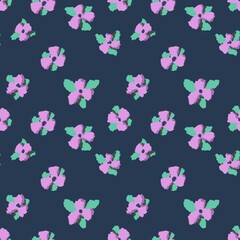 Seamless abstract botanical pattern. Purple flowers on dark blue background. Green leaves. Digital brush strokes. Design for textile fabrics, wrapping paper, background, wallpaper, cover.