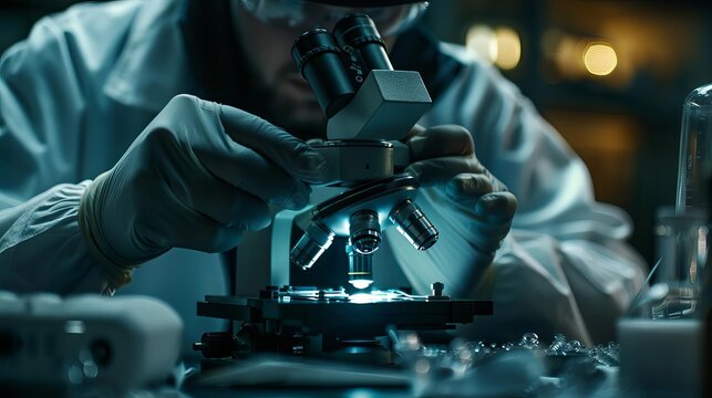 Create a detailed image of a forensics expert using a microscopic camera to take photos of trace evidence