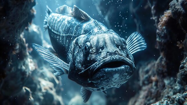 Create a detailed scene depicting a coelacanth emerging from a dark underwater cave