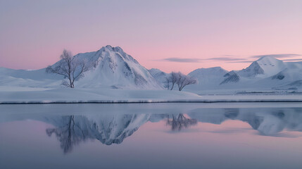 Twilight Dusk Over Snow-Covered Mountainous Landscape Reflecting on Tranquil Lake