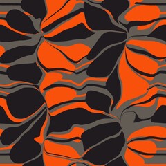 Seamless abstract pattern. Simple background with black, orange texture. Flowers, lines. Digital brush strokes background. Design for textile fabrics, wrapping paper, background, wallpaper, cover.