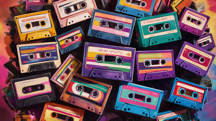 cassette tapes, colourful, digital, painting, nostalgia, retro, music, tapes, 80s, 90s