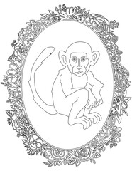 Monkey in A Floral Frame Coloring Page. Printable Coloring Worksheet for Kids. Educational Resources for School and Preschool.