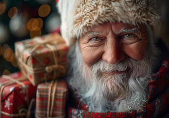 Santa Claus stands in front of a Christmas tree, holding presents in his arms