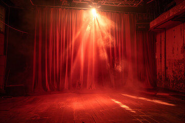 The projector flickers, casting ephemeral images on an unattended stage, a spectacle for unseen eyes Red curtain with beams of light .