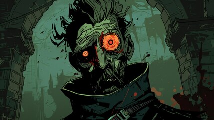 depiction of a necromancer channeling dark powers within a gothic dungeon setting. The artwork features a ghastly figure with glowing red eyes, casting a spell