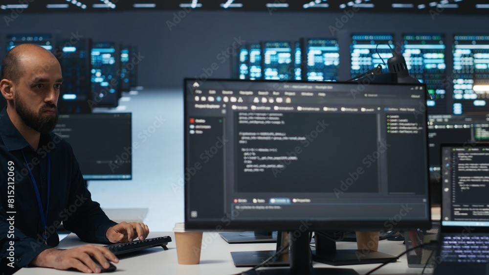 Poster engineer writing code in high tech facility with server rows providing computing resources for diffe