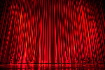 Red stage curtain with arch entrance Red stage curtain, empty movie theatre