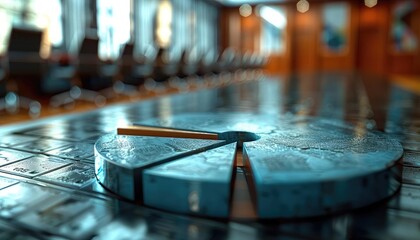 3D pie chart expanding in a corporate boardroom, dynamic growth meeting, frontal perspective