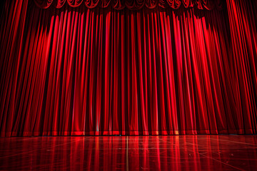 Red stage curtain with arch entrance Red stage curtain, empty movie theatre