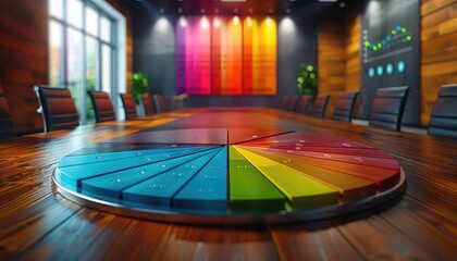 3D pie chart expanding in a corporate boardroom, dynamic growth meeting, frontal perspective