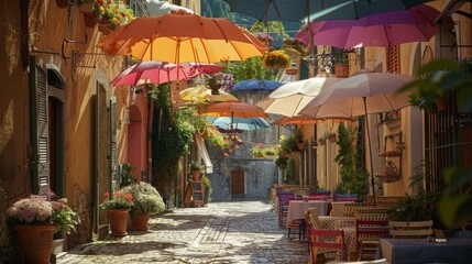 Obraz premium Vibrantly colored umbrellas line a cobblestone street, providing a striking contrast against the neutral tones of the stones.