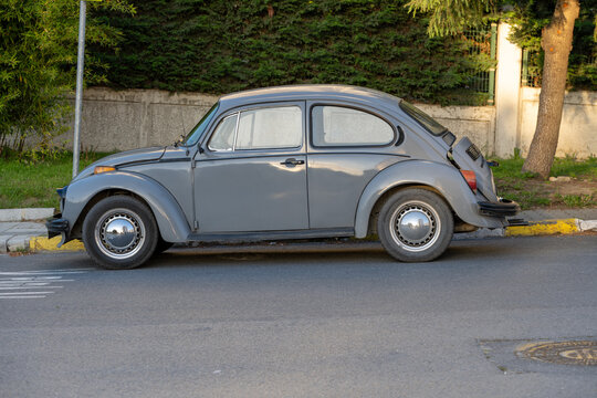 Istanbul, Turkey. May 12 2024. Vintage small car grey Volkswagen Beetle car 1974 Grey Volkswagen Beetle
