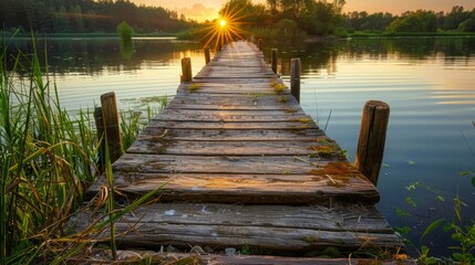 Obraz premium A wooden pier juts into the calm lake, illuminated by the warm hues of the setting sun in the background.