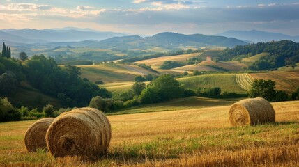 Hay bales scattered in a field, with majestic mountains in the backdrop under a clear sky.
