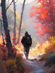 hiker in the autumn forest