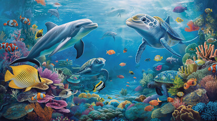Fototapeta na wymiar a whimsical underwater scene, featuring a vibrant coral reef teeming with colorful fish, playful dolphins, and graceful sea turtles, evoking a sense of tranquility and wonder beneath the waves