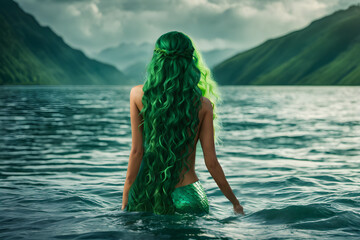 mermaid girl with long green hair in sea back view