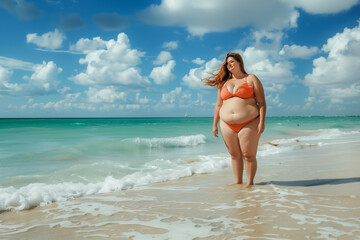 Plus-Size woman in bikini swimsuit on the shore of a beach with copy space, enjoying trip relaxation on sandy shore, advocating feminism and body positive movement