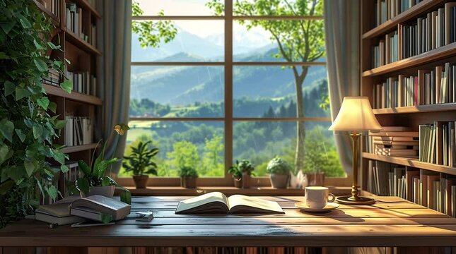 Library room bathed in sunlight on a serene day. Tranquil indoor scene with a cozy atmosphere.
Seamless looping 4k time-lapse virtual video animation background. Generated AI