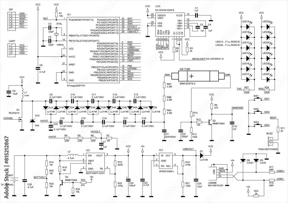 Aufkleber schematic diagram of electronic device. vector drawing electrical circuit with micro controller, int