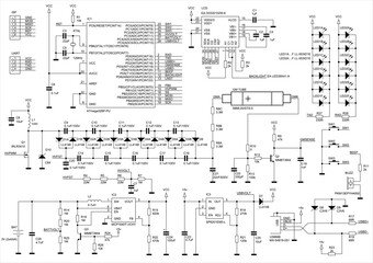 Schematic diagram of electronic device.
Vector drawing electrical circuit with 
micro controller, integrated circuit, 
led, diode, usb, transistor, power supply, inductor,
resistor, capacitor.