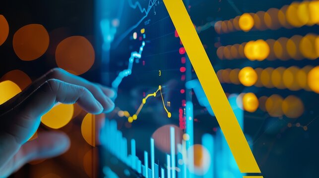 Split screen with a finger clicking and a sales graph