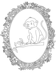 Monkey in A Floral Frame Coloring Page. Printable Coloring Worksheet for Kids. Educational Resources for School and Preschool.