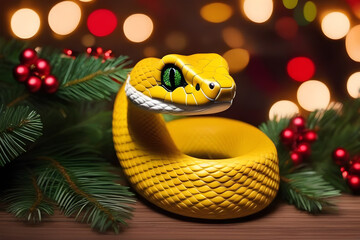 yellow snake character on new year background with bokeh