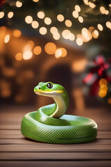 green snake character on new year background with bokeh