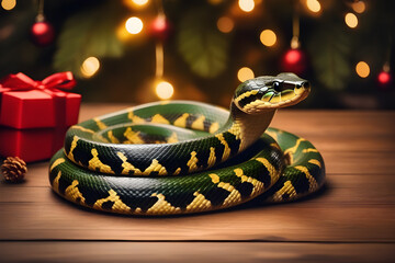 green snake character on new year background with bokeh