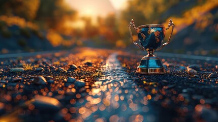 3D render of a roadmap with milestones and a final trophy, symbolizing work objectives, morning light, top view