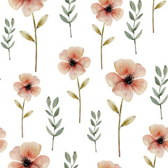 Seamless pattern with watercolor flowers and plants. Hand drawn illustration.