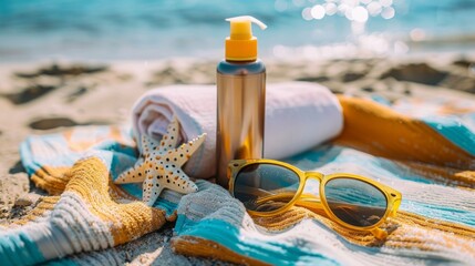 A collection of summer beach items including sunscreen, starfish, sunglasses, and a towel laid out on the sand.