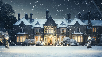 Fototapeta premium Christmas in the countryside manor, English country house mansion decorated for holidays on a snowy winter evening with snow and holiday lights, Merry Christmas and Happy Holidays design