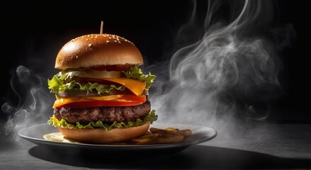 Glowing Gastronomy: A burger glowing with inner light, radiating through the surrounding smoke...