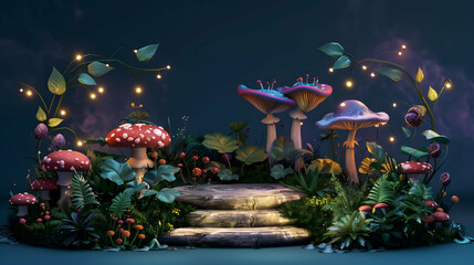 Background podium 3D product display stand platform Fantasy realm rectangular podium with an enchanted forest theme