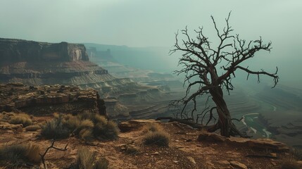 Barren desert scene featuring a twisted, leafless tree and rocky terrain under a cloudy sky, capturing the stark beauty of nature.