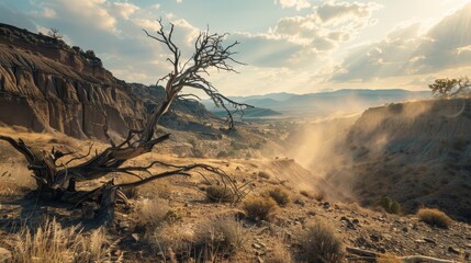 Barren desert scene featuring a twisted, leafless tree and rocky terrain under a cloudy sky, capturing the stark beauty of nature.