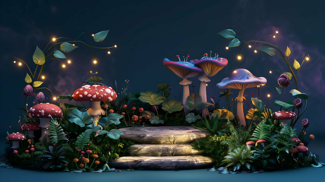 Background podium 3D product display stand platform Fantasy realm rectangular podium with an enchanted forest theme