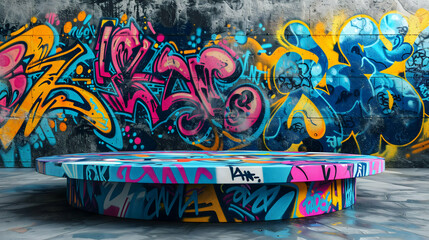 Background podium 3D product display stand platform Urban graffiti rectangular podium with a backdrop covered in vibrant street art