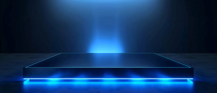 Background podium 3D product display stand platform Futuristic metallic rectangular stand outlined with neon blue lights, hightech and futuristic atmosphere