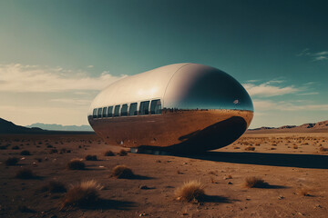 An abandoned futuristic transport capsule rests in a vast desert landscape under a clear sky, evoking a sense of exploration and mystery