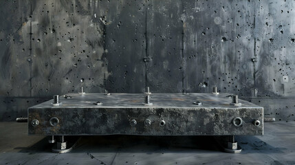 Background podium 3D product display stand platform Industrial chic rectangular podium made of concrete with metal pipes and bolts, rugged and raw appearance
