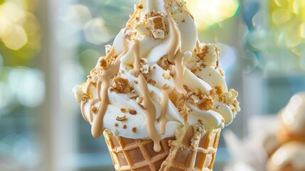 Treat yourself to a decadent ice cream cone piled high with velvety vanilla crispy donut pieces and drizzled with luscious white chocolate sauce This delightful indulgence is guaranteed to 