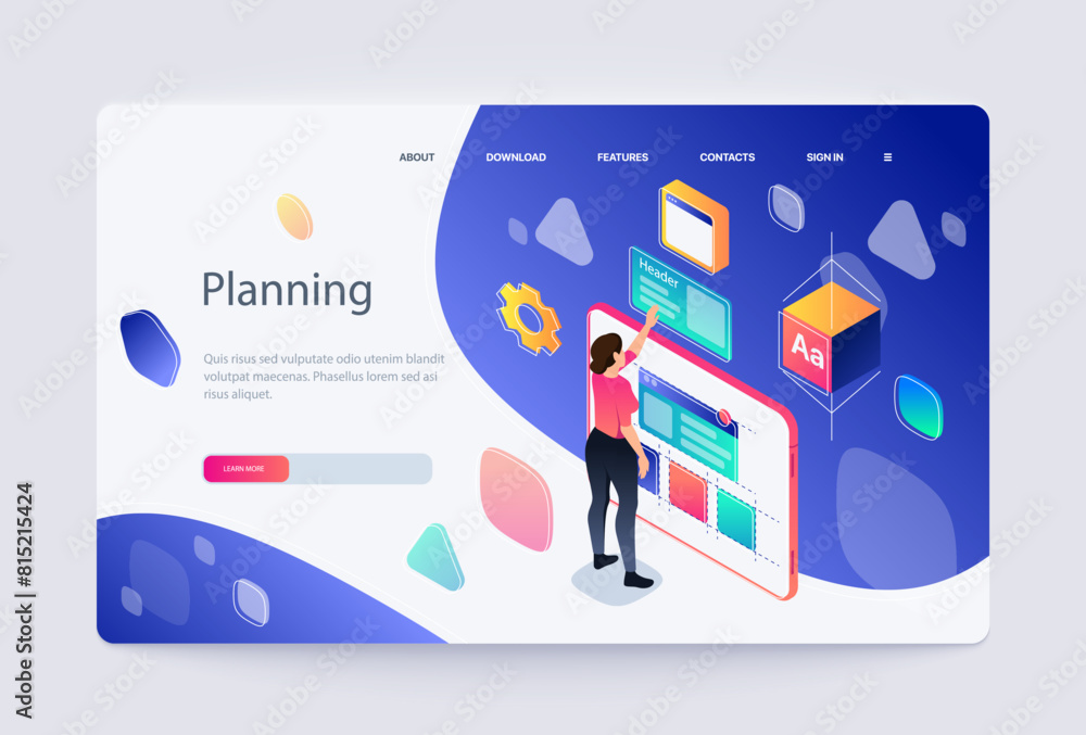 Poster a person interacting with a stylized website interface, vector illustration on a gradient blue backg