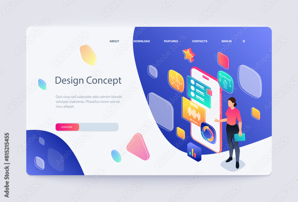 Poster isometric vector illustration showing a person interacting with an oversized smartphone displaying g