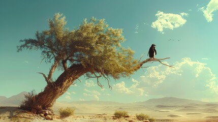 Penguin sitting on the tree middle of the desert.