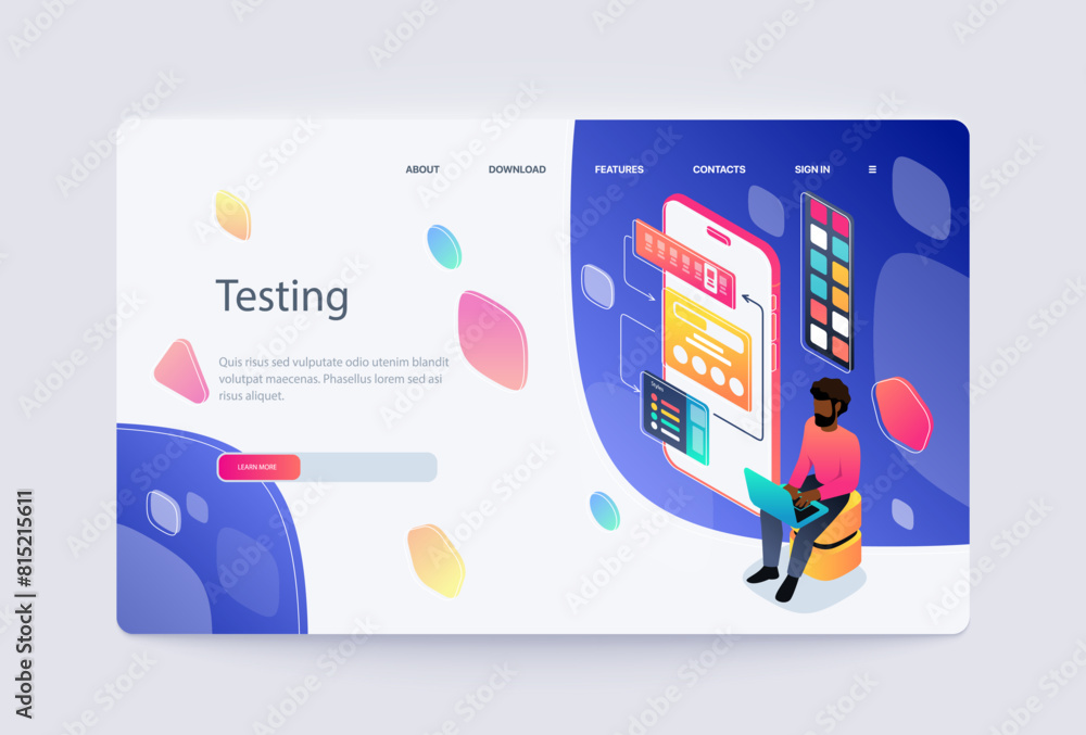 Poster an isometric illustration of a person on a website interface testing mobile apps, set on a light abs